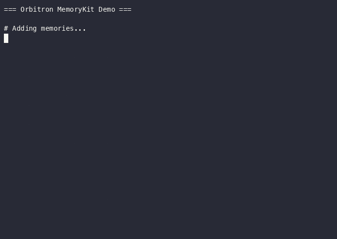 Orbitron MemoryKit demo — add, search, hygiene, stats in the CLI